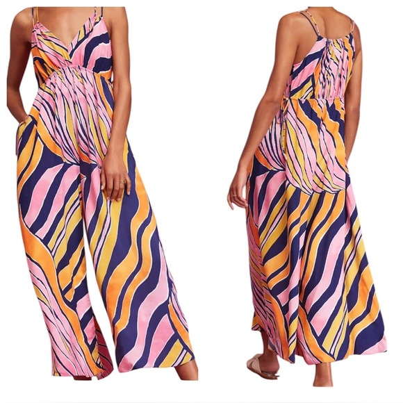 Anthropologie Maeve Finley Wide-Leg Jumpsuit Navy Hot Pink Orange Size 0 - Picture 1 of 16